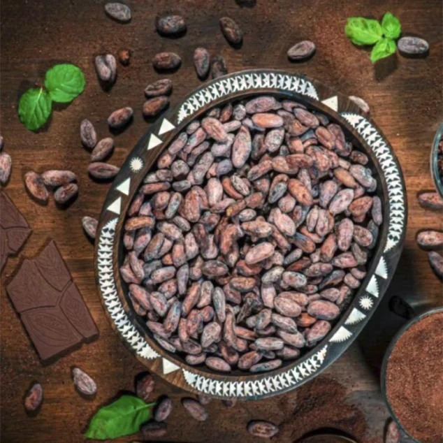 Cacao beans in Solomon Islands wooden bowl Cacao beans in Solomon Islands wooden bowl